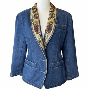 Vintage 90s Suna Dee Embellished Denim Blazer XL Beaded Sequin Boho Statement